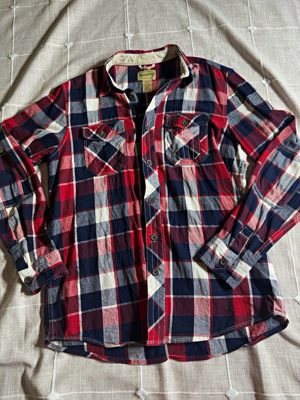 Roebuck & Co. Men’s M Red Blue White Plaid Flannel Lumberjack Western Cowboy